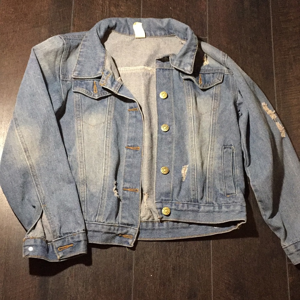 Distressed crop jean jacket